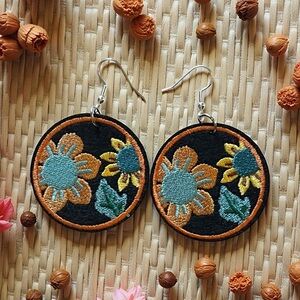 Boho Embroidered Floral Sunflower Earrings Lightweight Dangles